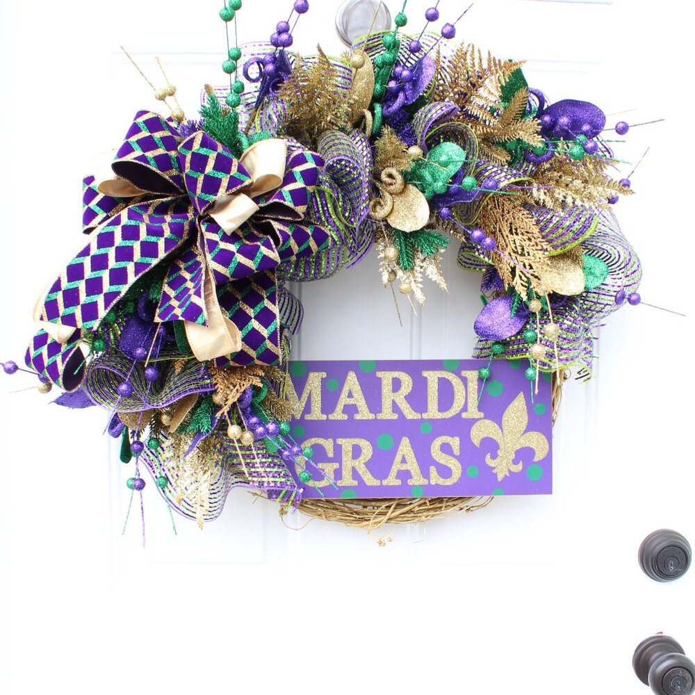 Fancy Mardi Gras Grapevine Wreath for Front Door, Fleur de Lis Decor, Gold Purpl